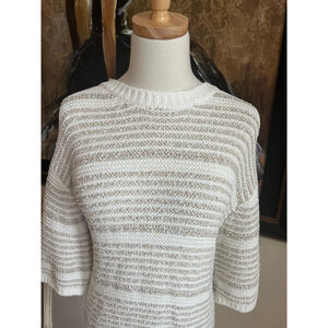 NWT Barefoot Dreams Striped Crew Neck Sweater M White Beige